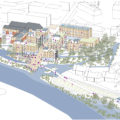 Axonométrie générale micro-centralité Touques 14130 PUCA zone inondable renaturation Touques par Rethink