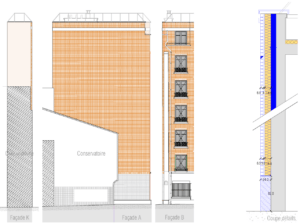 Élévation façade cour immeuble réhabilitation 75 rue Amandiers Paris 20e Paris Habitat Rethink
