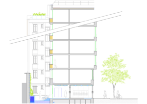 Coupe architecturale réhabilitation immeuble 1934 75 rue des Amandiers Paris 75020 par Rethink