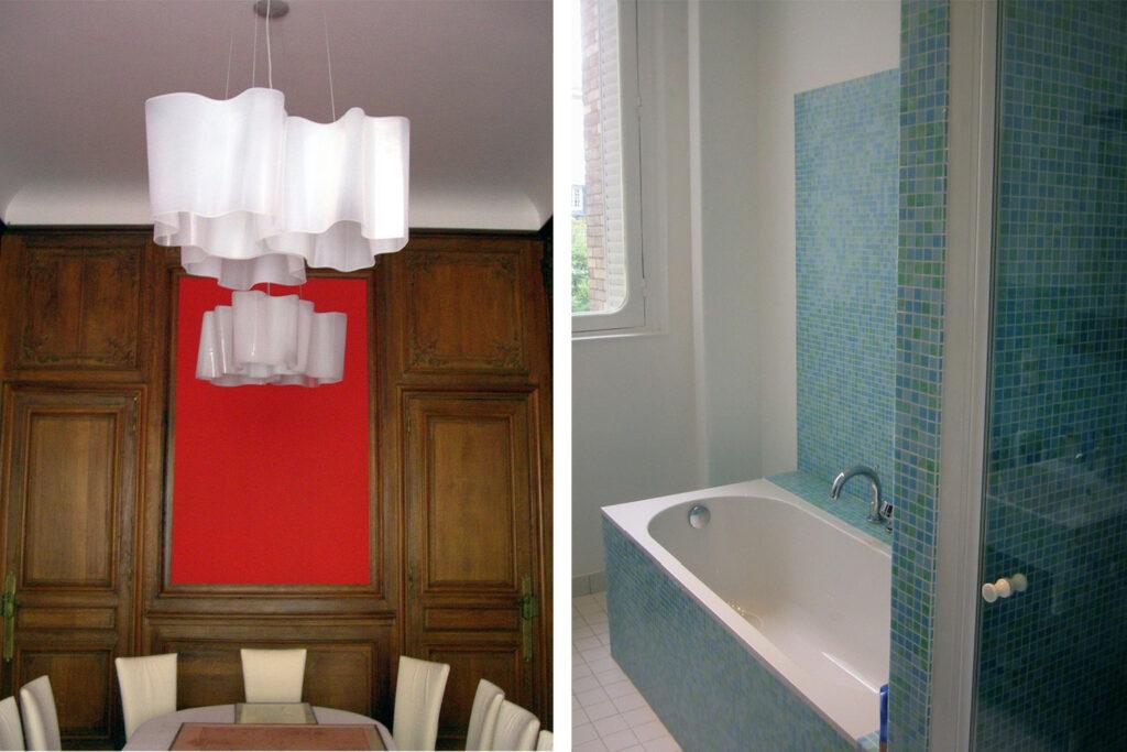 Salle à manger boisée et salle de bain mosaïque, ambassade d'Allemagne, 24 rue Marbeau, Paris 16e, par Rethink