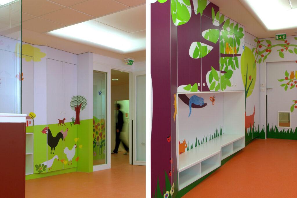 Espaces intérieurs décorés, fresques murales ludiques, halte-garderie 1 rue Hittorf, Paris 10e, par Rethink