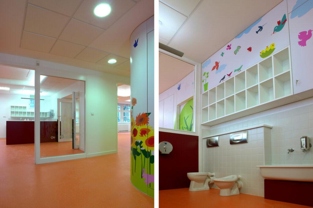 Sanitaires enfants et couloir, fresque murale florale et animalière, halte-garderie 1 rue Hittorf, Paris 10e, par Rethink