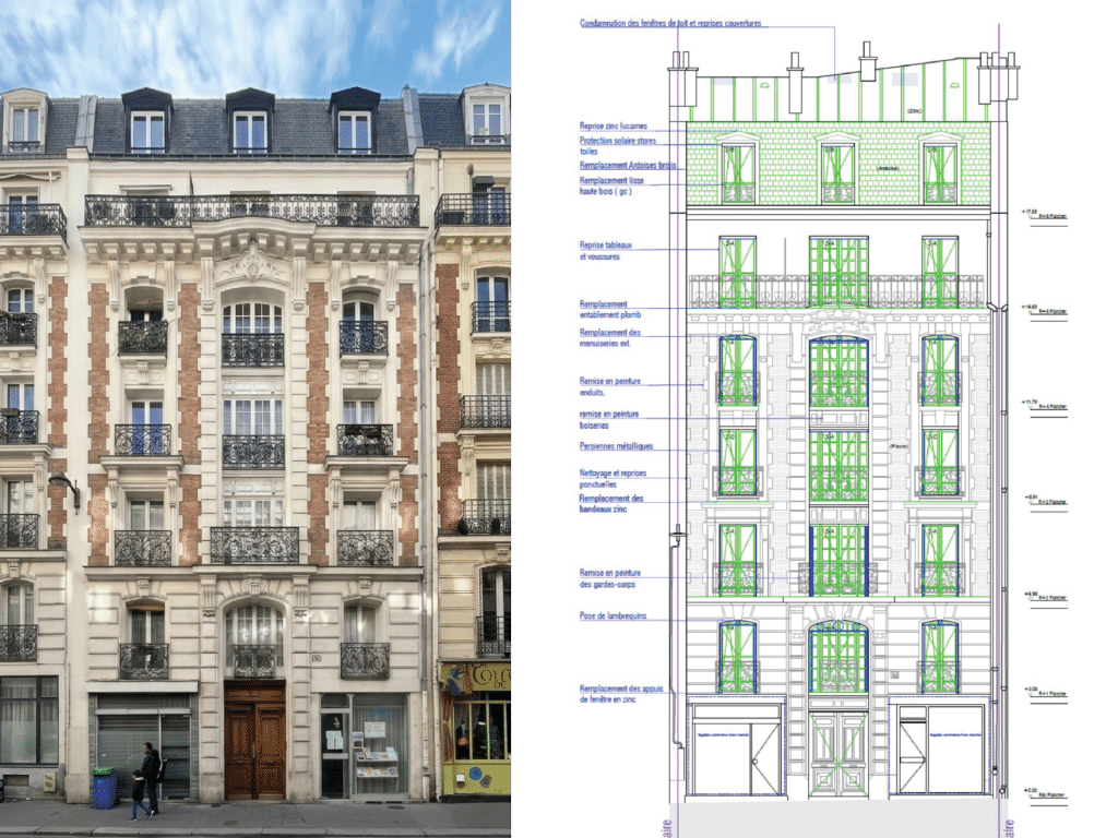 Photo et élévation projet, façade rue, réhabilitation immeuble RIVP, 92 rue du Mont-Cenis, Paris, par Rethink