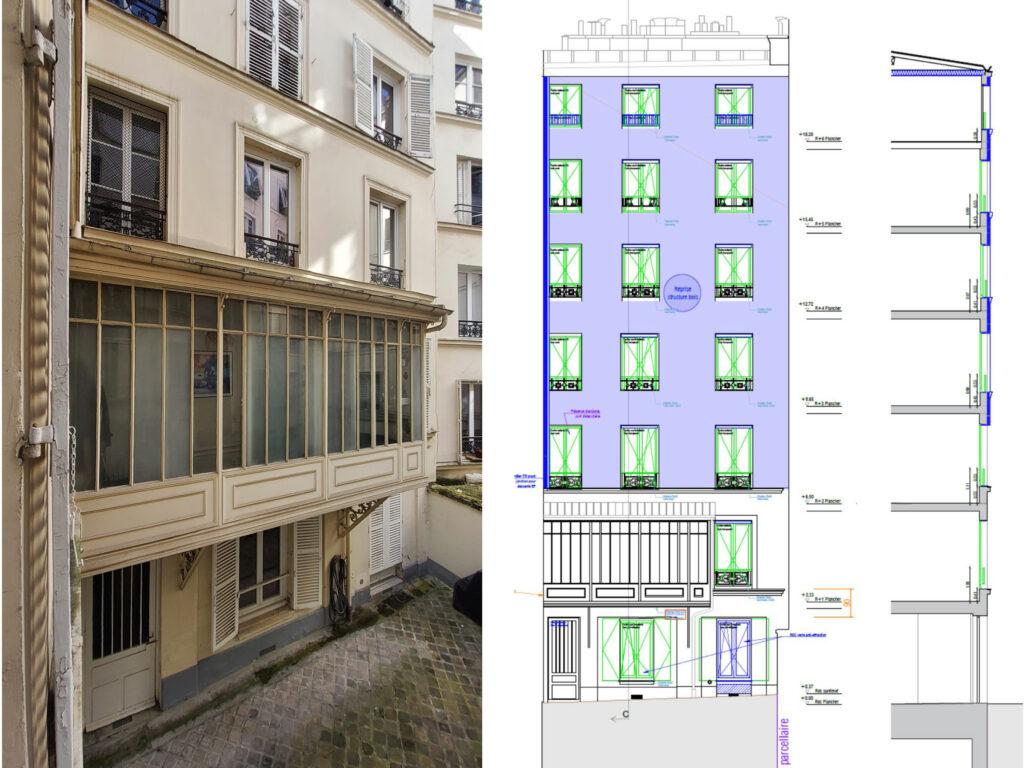 Cour existante et élévation projet, façade cour, réhabilitation immeuble RIVP, 43 rue C. de Rochefoucauld, Paris, par Rethink