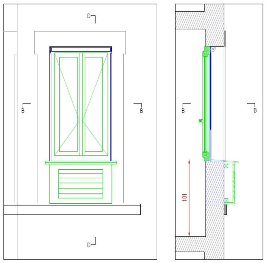 Dessin technique, élévation et coupe D de fenêtre avec volet persienné, 92 rue du Mont-Cenis, Paris, par Rethink