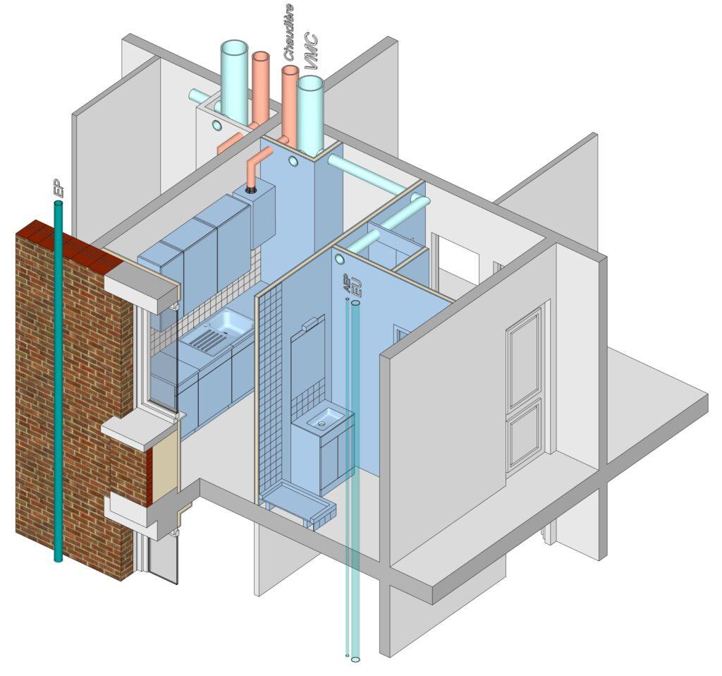 Axonométrie technique, réseaux plomberie et VMC cuisine et salle de bain, 75 rue des Amandiers, Paris, par Rethink