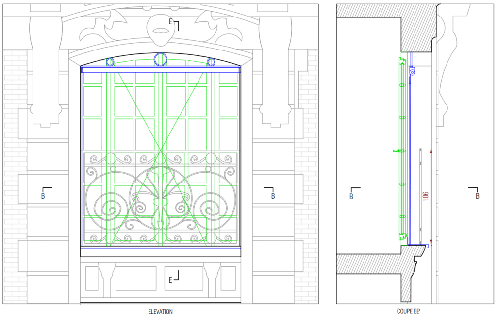 Dessin technique, élévation et coupe EE' de fenêtre à garde-corps en fer forgé, 92 rue du Mont-Cenis, Paris, par Rethink
