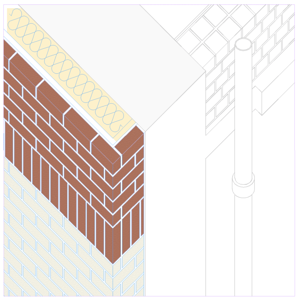 Axonométrie technique, détail isolation et parement brique en angle de façade, 75 rue des Amandiers, Paris, par Rethink