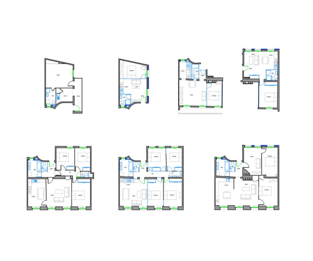 Planche de plans logements type, immeuble 43 rue Catherine de Rochefoucauld, Paris 75009 par Rethink