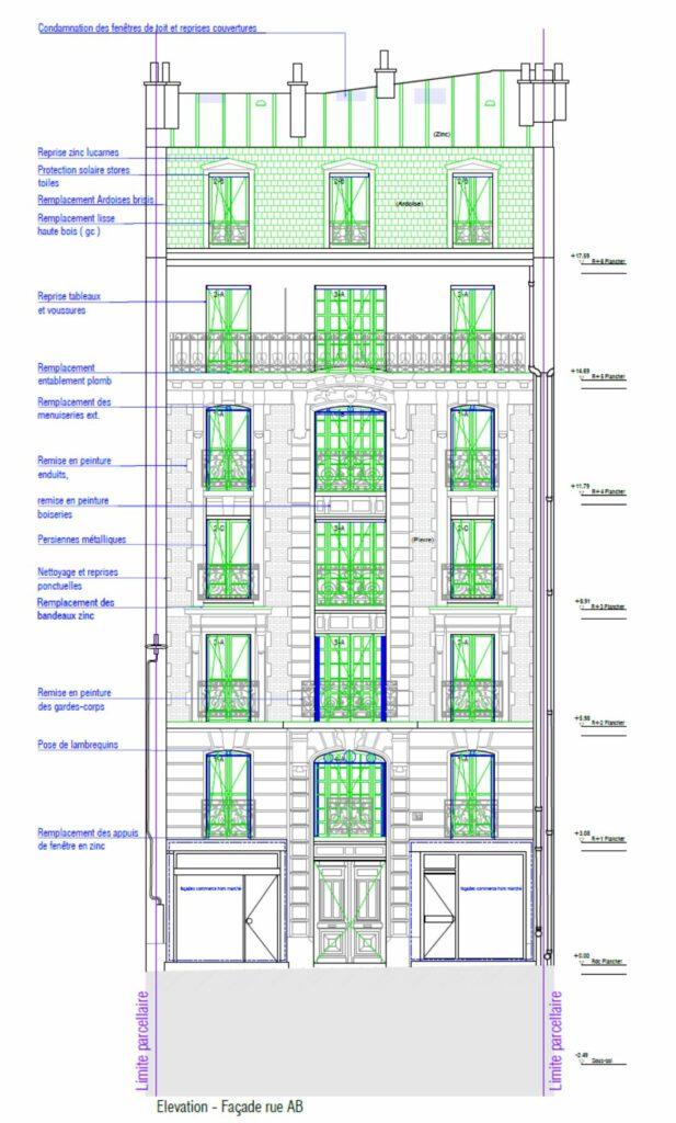 Élévation projet, façade rue AB, réhabilitation de l'immeuble RIVP, 92 rue du Mont-Cenis, Paris, par Rethink
