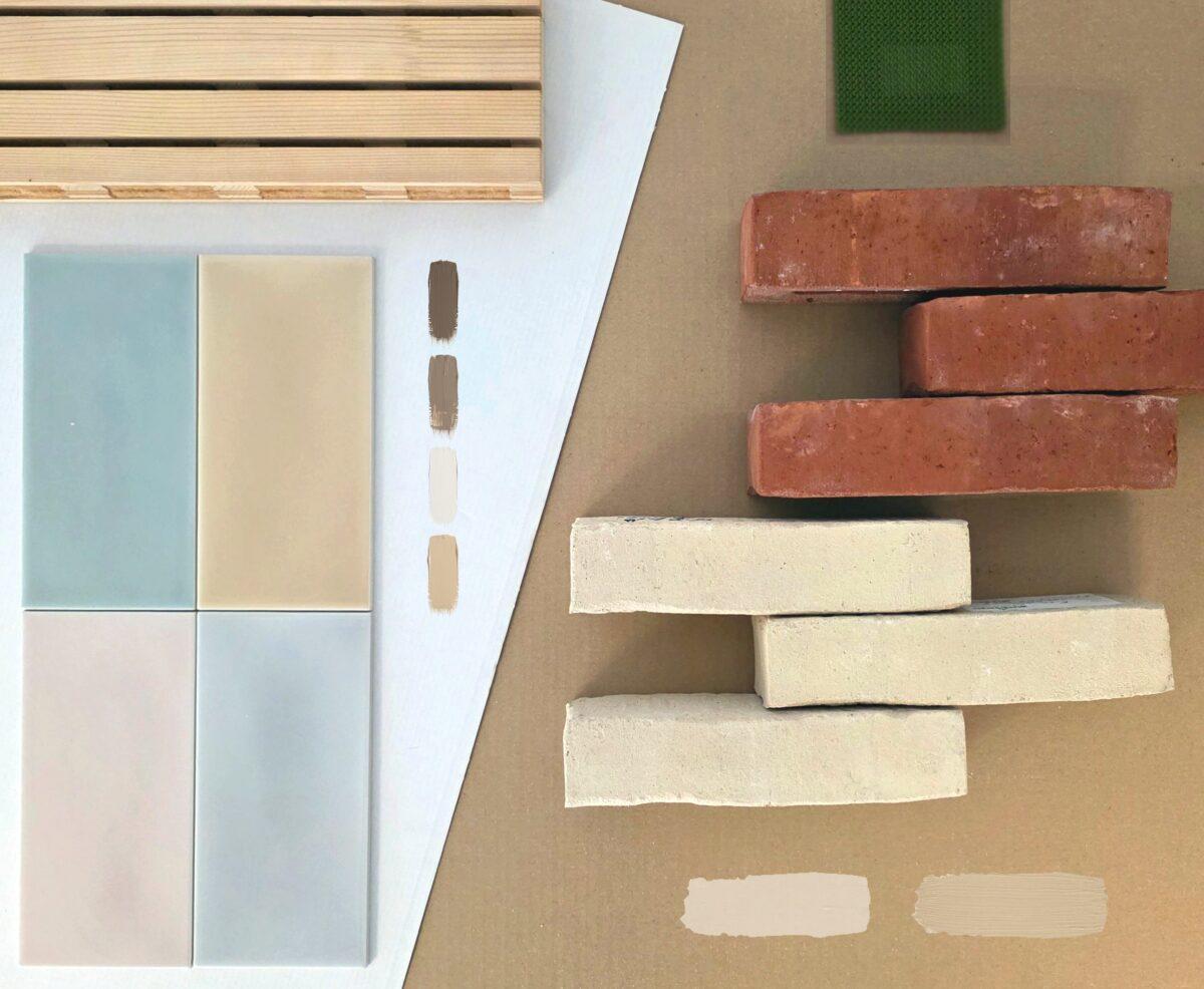 Planche d'échantillons : briques rouges et claires, carreaux colorés, lattes de bois, 75 rue des Amandiers Paris, par Rethink